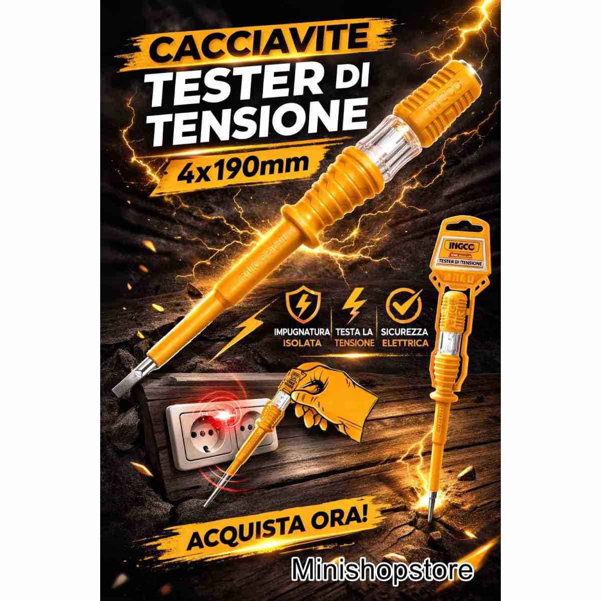 Ingco Cacciavite Cercafase 4x190mm Tester Elettrico Ispezione Tensione