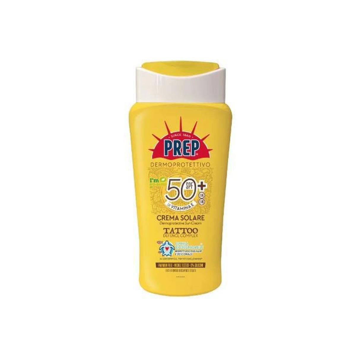 PREP SUN CREMA SOLARE TATTOO SPF50+ 200ML<br /><br /> Proteggi i tuoi tatuaggi dal sole con la Crema Solare Tattoo SPF50+ di Prep. La sua formula specifica protegge i colori del tatuaggio,