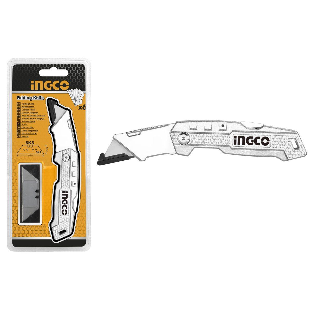 Taglierino Pieghevole Ingco HUK6138 - Cutter Professionale in Alluminio con 5 Lame di Ricambio