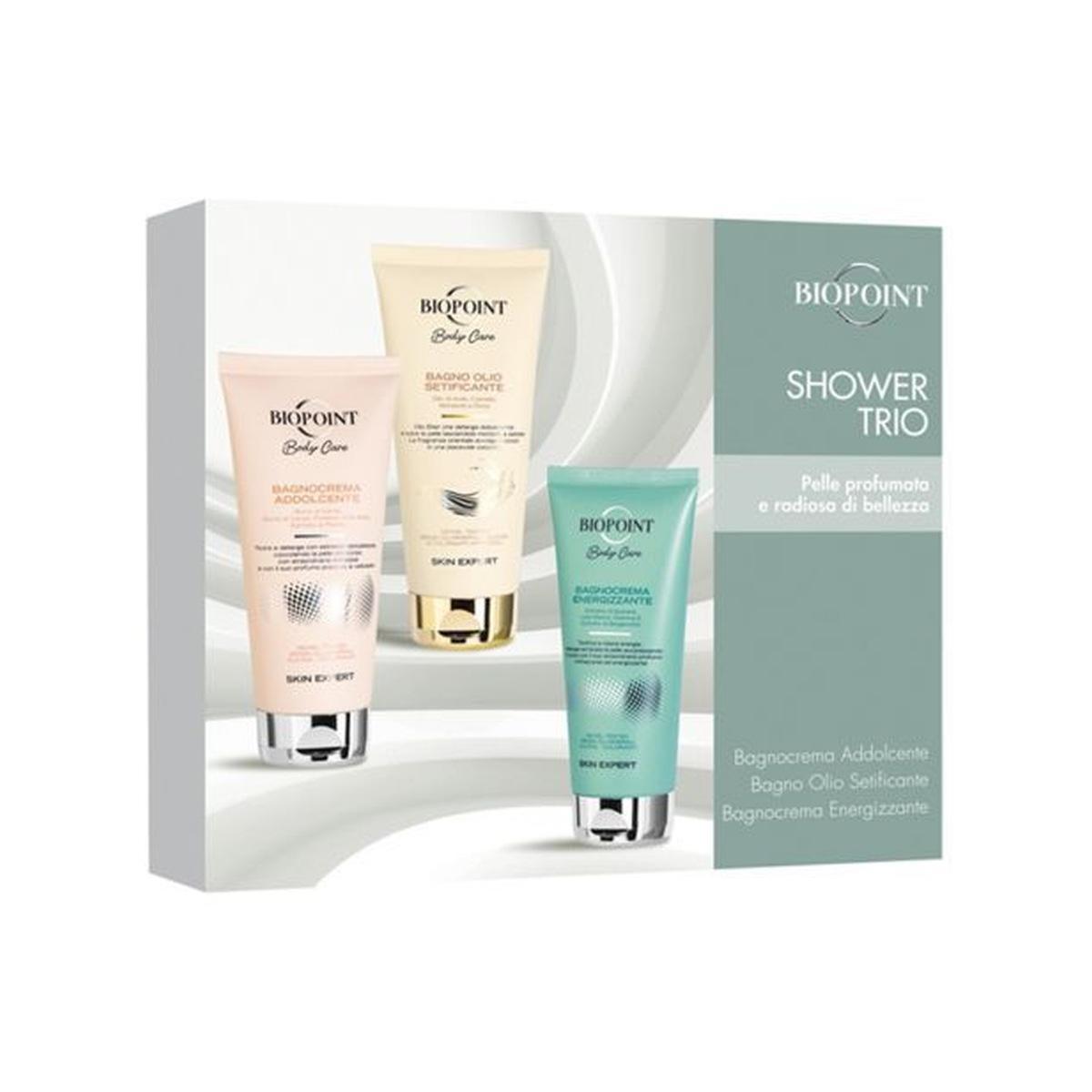Cofanetto Biopoint Shower Trio: Set 3 Bagnodoccia Addolcente, Setificante ed Energizzante (3x200ml).