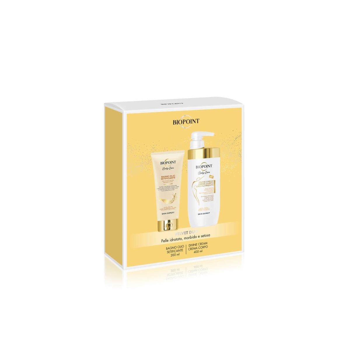 Cofanetto Biopoint Velvet Divine: Crema Corpo Idratante 400ml e Bagno Olio Setificante 200ml per una Pelle di Seta.
