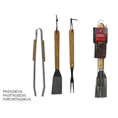 Set utensili barbecue GT 3 pezzi con manico in legno